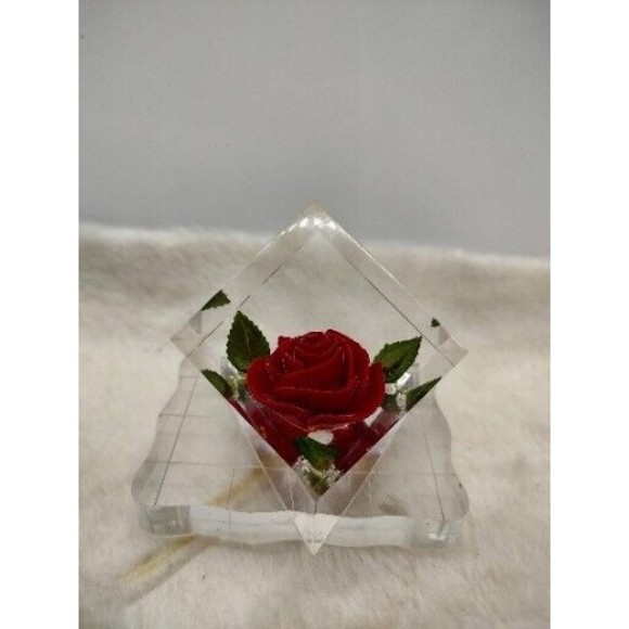 Vintage Bircraft Lucite Acrylic CUBE PAPERWEIGHT SCULPTURE Red Rose Enclosed - Picture 2 of 13